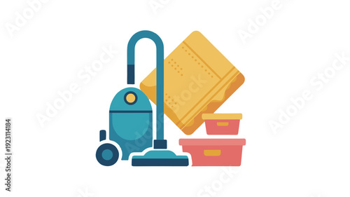 Home Cleaning Supplies: A vector illustration of a vacuum cleaner and cleaning items.