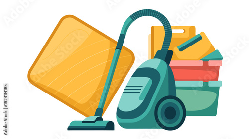 A colorful illustration of cleaning tools and equipment.