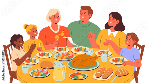 A family dining together at a festive table.