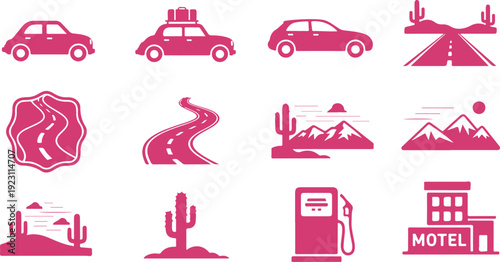 Set of road trip and desert travel icons featuring cars motel gas station cacti mountains winding road signs isolated on transparent background
