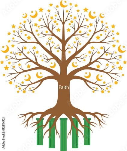 Illustrative Tree of Faith with Stars and Moons for Spiritual Artwork and Inspirational Designs