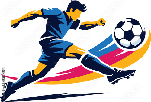 Dynamic soccer player kicking ball vector illustration in blue, yellow, and red