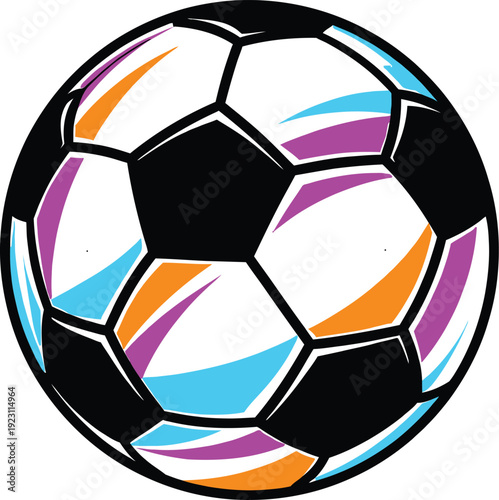 Colorful soccer ball vector illustration with black, white, blue, orange, and purple panels, isolated on a white background.