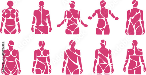 Set of ten stylized human body silhouettes showing different poses and clothing styles isolated on transparent background