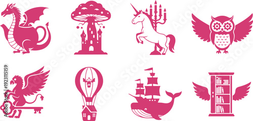 Set of whimsical fantasy and mythical creatures icons with magical elements isolated on transparent background