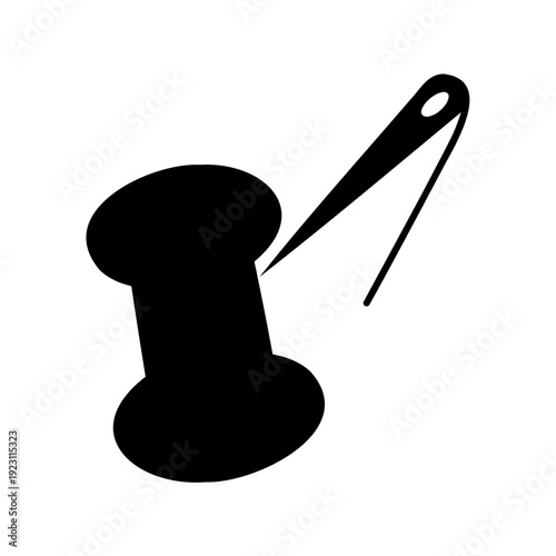 Stylized black and white image of a thread spool and needle icon