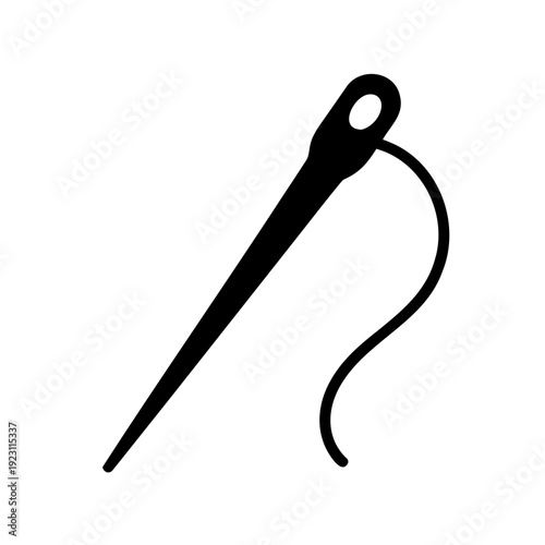 Stylized black and white illustration depicting a sewing needle with thread
