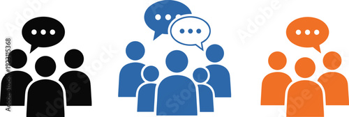 Team communication vector icon set with people silhouettes and speech bubbles representing social discussion collaboration customer service and online community interaction concepts