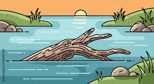 Serene river landscape with driftwood log at sunset. Cartoon vector art.