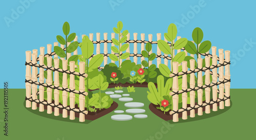 Vector illustration of a small garden with plants, flowers, and stone path enclosed by a traditional bamboo fence.