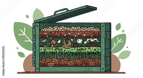 Vector illustration of an open compost bin showing layers of organic matter for recycling.