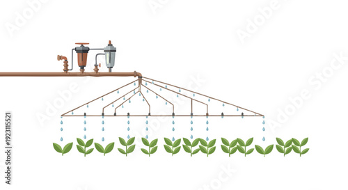 Drip irrigation system diagram showing water dripping onto green plants. Vector illustration on a black background.