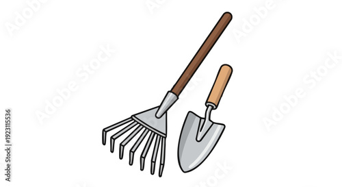 Garden rake and trowel vector illustration on black background