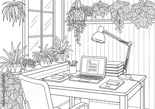 Highly detailed line drawing of a massive industrial chemical refinery or oil plant with complex pipes, storage tanks, and smoking chimney stacks.