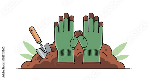Vector illustration of gardening tools with green gloves and trowel in a pile of soil. Concept for planting, farming, and horticulture.