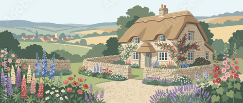 Flat vector illustration of a traditional English thatched cottage garden with stone walls, climbing roses, lupines, lavender, and poppies in a scenic rural countryside landscape with rolling hills.