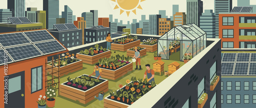 Vibrant flat vector illustration of a sustainable rooftop urban garden with people tending raised beds, a greenhouse, beehives, and solar panels on city buildings for eco-friendly urban living.