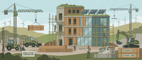 Sustainable green building construction site vector illustration with solar panels, eco-friendly timber, bamboo scaffolding, wind turbines, and diverse workers building a modern eco-house.