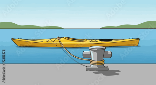 Yellow kayak tied to a dock bollard on a calm blue lake
