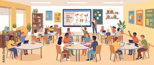 Flat Vector Illustration of a Modern Language Classroom with Diverse Students Using Tablets and a Teacher at a Digital Whiteboard Teaching Vocabulary, Interactive Learning Environment.