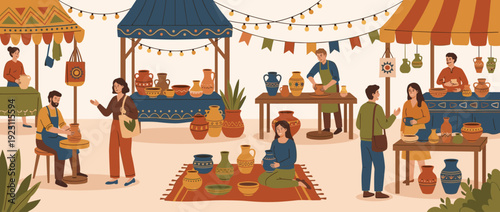 Flat vector illustration of a traditional pottery market with artisans crafting clay pots on wheels, vibrant ceramic displays under striped tents, and shoppers browsing handmade artisan goods.
