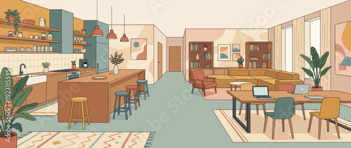Modern coliving space common area illustration with shared kitchen, lounge, and coworking workspace. Flat vector design of a communal interior with contemporary furniture, plants, and rugs.
