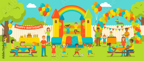 Flat vector illustration of a children's birthday party in a backyard featuring a bouncy castle, rainbow arch, colorful balloons, piñata, cake, and diverse families celebrating on a sunny day.