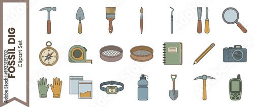Comprehensive vector icon set of 20 paleontology and fossil dig tools in flat design. Features trowel, brush, compass, shovel, pickaxe, camera, and GPS for archaeological excavation and science.