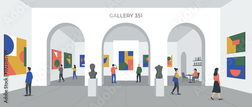 Flat Vector Illustration of a Modern Art Gallery Interior with Visitors Viewing Abstract Paintings and Sculptures; People Exploring a Minimalist Museum Exhibition Space with Arched Hallways.