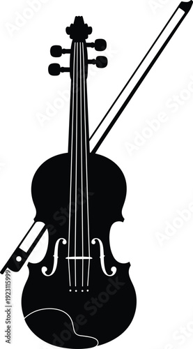 Black and white silhouette of a violin with a bow resting on it musical instrument