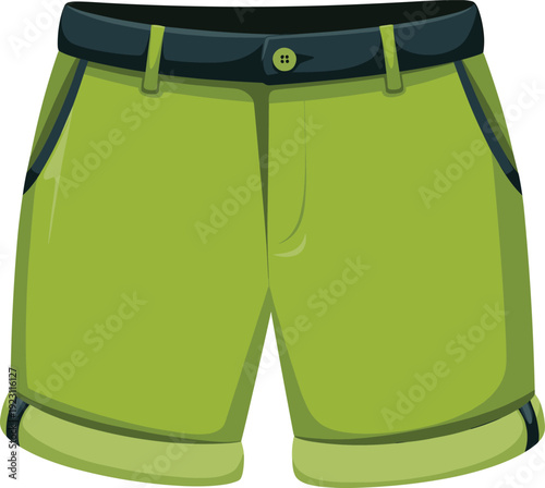 Bright green shorts with dark green and black accents and a button closure