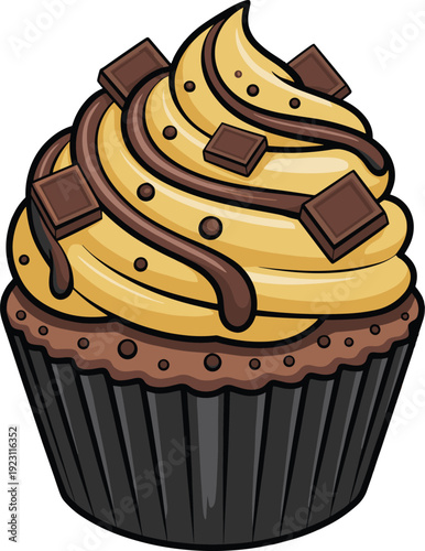 Delicious Chocolate Cupcake with Swirl Frosting and Chocolate Chunks on