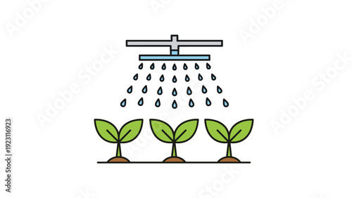 Agricultural illustration of an automatic sprinkler irrigation system watering three green young plants growing in soil on a white background.