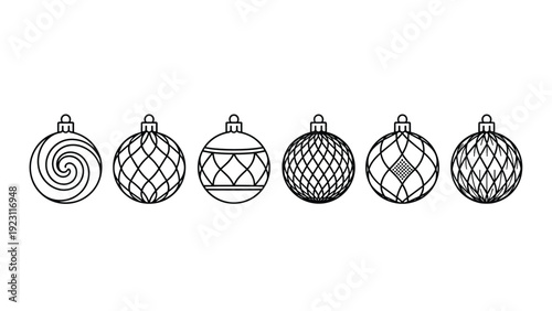Set of six different circular christmas bauble ornaments with intricate line art patterns and geometric designs arranged in a horizontal row.