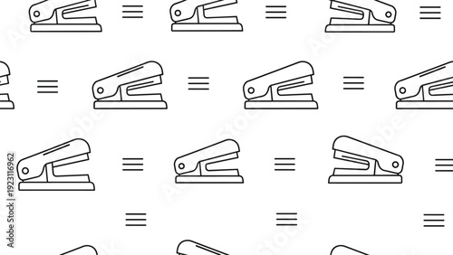Simple seamless pattern featuring black and white line art illustrations of office staplers and triple horizontal lines on a white background.
