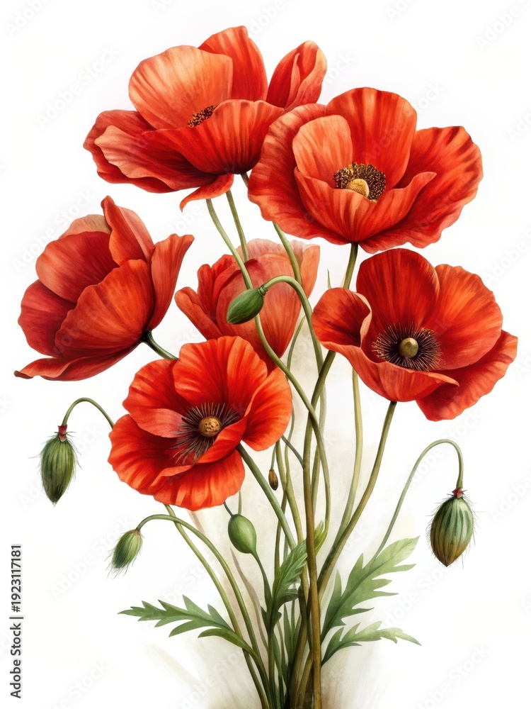 Fototapeta premium A vibrant and delicate bouquet of freshly picked red poppies stands alone against a crisp white background