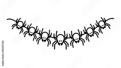 Simple black and white line art illustration of a spooky spider garland for halloween party decoration on white.
