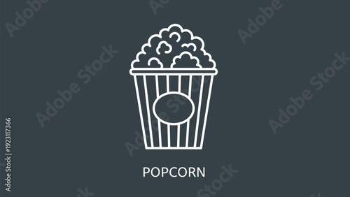 Minimalist line art icon of a popcorn bucket with the word popcorn written below it on a dark gray background.