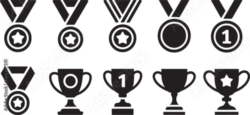 Collection of black silhouette representing various awards including medals with stars and trophies
