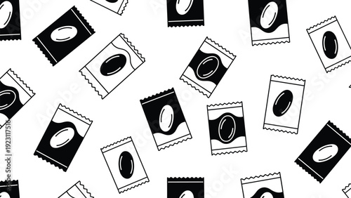 Simple black and white seamless pattern with various wrapped candies and sweets scattered on a white background.