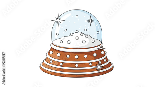Festive gingerbread cookie in the shape of a snow globe with white frosting and stars on a white background.