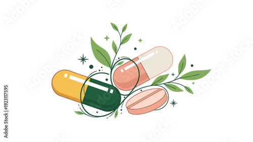 Medical illustration of colorful pills and capsules surrounded by green leaves symbolizing herbal and natural medicine.
