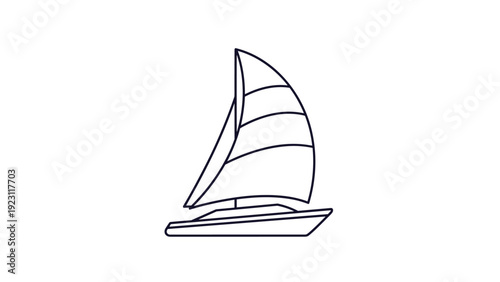 Minimalist line art icon of a modern sailboat with three sails floating on an invisible sea on a clean white background.
