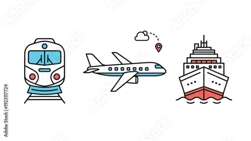 Set of three transport icons featuring a train, a passenger airplane, and a cruise ship in clean line art style.