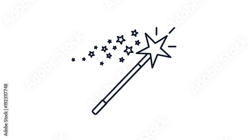Simple line art illustration of a magic wand casting stars and sparkles on a clean white background for design.