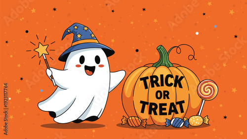 Cute cartoon ghost wearing a wizard hat holding a magic wand next to a pumpkin with trick or treat text on a festive orange background.