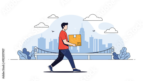 Professional delivery man in a red shirt carrying a cardboard box while walking past a blue city skyline with a bridge and clouds.