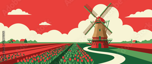 Flat vector illustration of a traditional Dutch windmill in a vibrant tulip field landscape with rows of red flowers, winding path, and fluffy clouds under a red sky, minimalist graphic art.