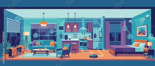 Flat Vector Illustration of a Modern Smart Home Interior Showing Connected Devices and Automation, Including IoT Appliances, Security Cameras, Robot Vacuum, and Intelligent Lighting Systems.