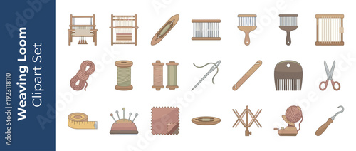 Comprehensive Vector Icon Set of 20 Weaving and Loom Craft Supplies Including Hand Looms, Yarn Spools, Shuttles, Scissors, Measuring Tape, and Sewing Tools in a Flat Design with Subtle Gradients.